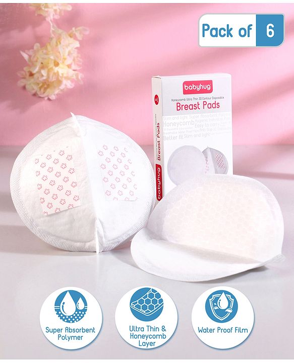 Babyhug 3D Contoured Disposable Breast Pads for Nursing Mothers Pack of 6 | Ultra Absorbent | Leak-Resistant | Absorption Pads | Ultra Thin | Discreet Fit |Breastfeeding pad|