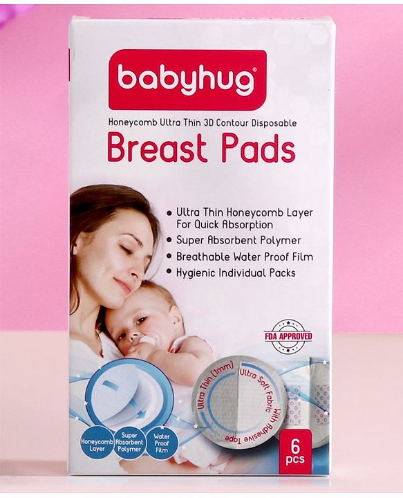 Babyhug 3D Contoured Disposable Breast Pads for Nursing Mothers Pack of 6 | Ultra Absorbent | Leak-Resistant | Absorption Pads | Ultra Thin | Discreet Fit |Breastfeeding pad|