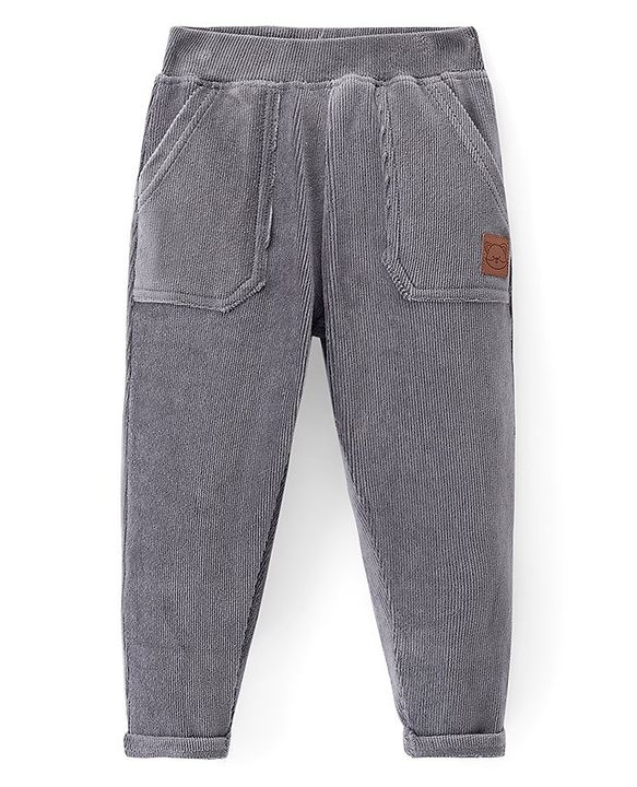 Babyhug Cotton Knit Full Length Corduroy Pant Solid Colour - Grey