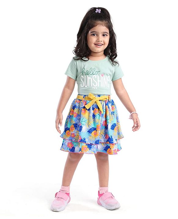 Babyhug Single Jersey Knit Knee Length Layered Floral Printed Skirt - Multicolor