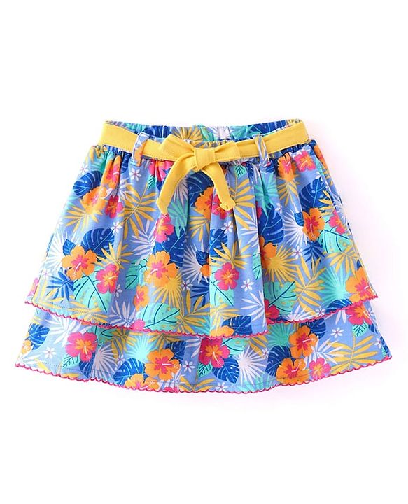 Babyhug Single Jersey Knit Knee Length Layered Floral Printed Skirt - Multicolor