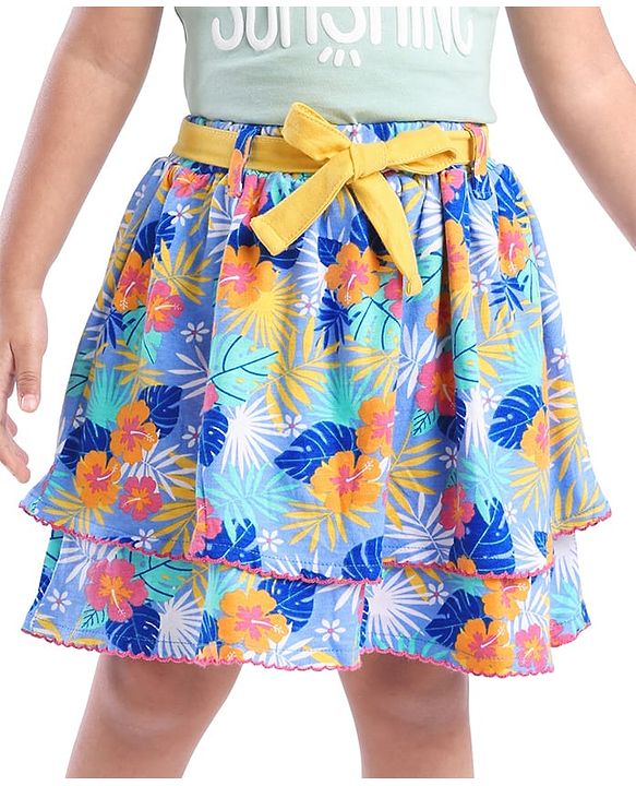 Babyhug Single Jersey Knit Knee Length Layered Floral Printed Skirt - Multicolor