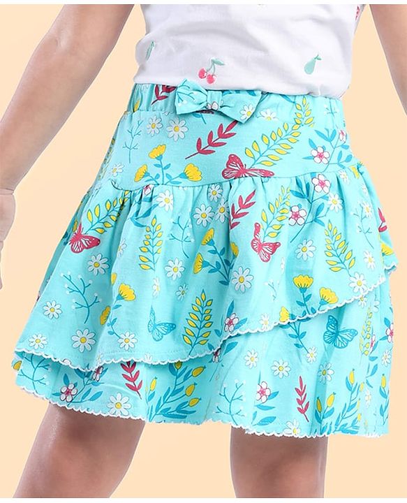 Babyhug Single Jersey Knit Knee Length Skirt Floral Print with Bow Applique - Blue