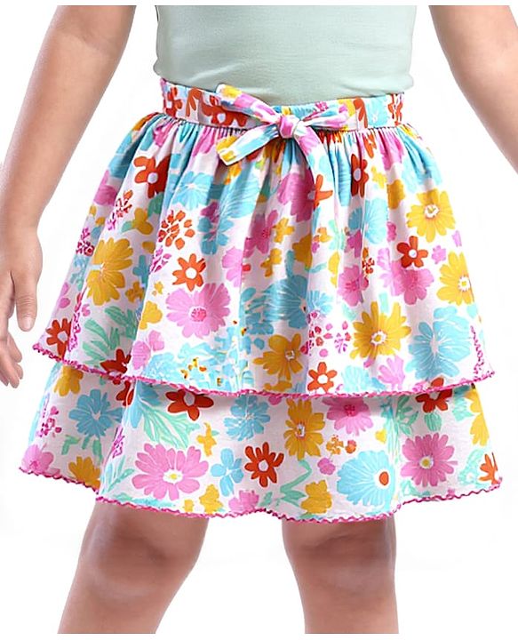 Babyhug Single Jersey Knit Knee Length Layered Floral Printed Skirt - Multicolor
