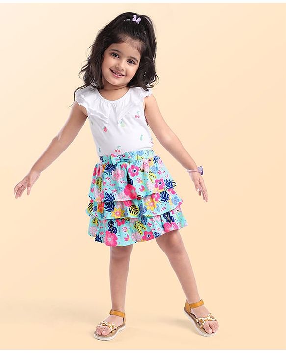 Babyhug Single Jersey Knit Knee Length Layered Floral Printed Skirt with Bow Applique - Multicolor