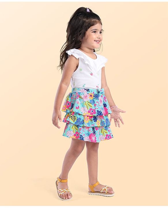 Babyhug Single Jersey Knit Knee Length Layered Floral Printed Skirt with Bow Applique - Multicolor