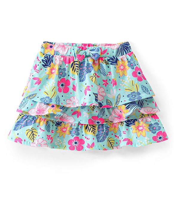 Babyhug Single Jersey Knit Knee Length Layered Floral Printed Skirt with Bow Applique - Multicolor