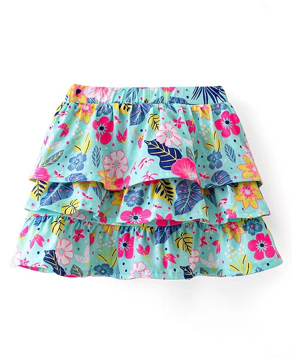 Babyhug Single Jersey Knit Knee Length Layered Floral Printed Skirt with Bow Applique - Multicolor