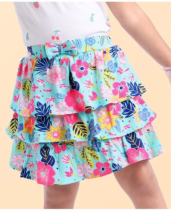 Babyhug Single Jersey Knit Knee Length Layered Floral Printed Skirt with Bow Applique - Multicolor