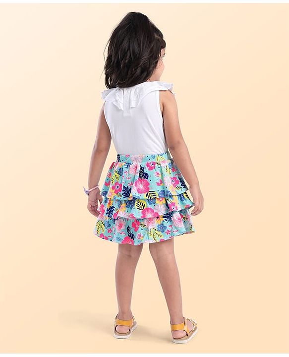 Babyhug Single Jersey Knit Knee Length Layered Floral Printed Skirt with Bow Applique - Multicolor
