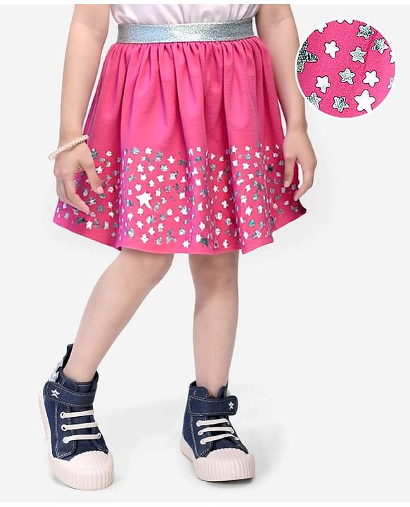 Babyhug Single Jersey Knit Knee Length Skirt With Foil Stars Print - Pink