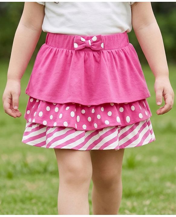 Babyhug Single Jersey Knit Layered Skirt with Bow Applique Polka Dots Print - Pink