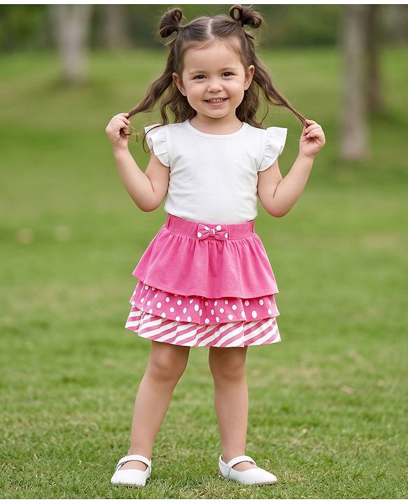 Babyhug Single Jersey Knit Layered Skirt with Bow Applique Polka Dots Print - Pink