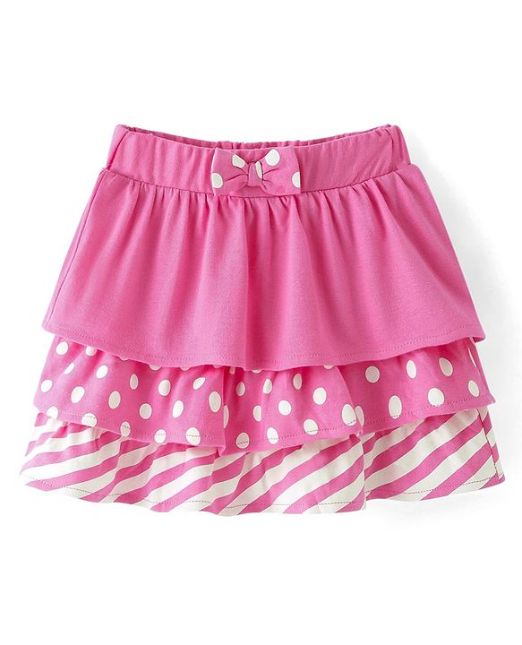 Babyhug Single Jersey Knit Layered Skirt with Bow Applique Polka Dots Print - Pink
