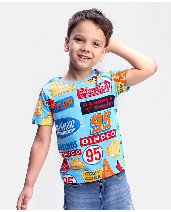 Babyhug Disney Single Jersey Knit Half Sleeves T-Shirt with Cars Print - Blue