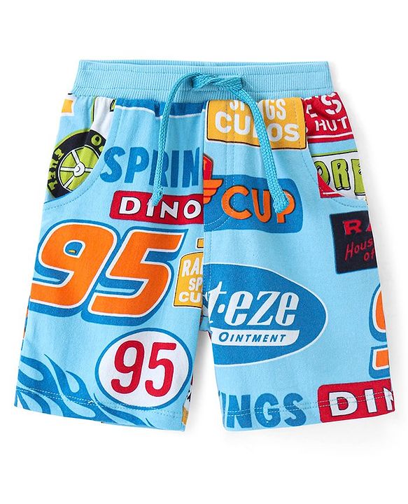 Babyhug Disney Cotton Knit Above Knee Length Shorts With Cars Graphics - Blue
