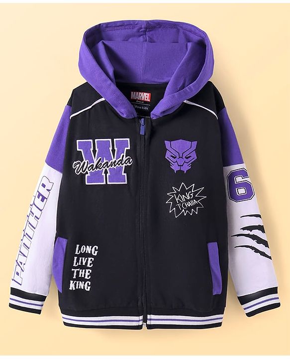 Pine Kids Marvel Terry Knit Full Sleeves Hooded Sweatjacket with Front & Back Black Panther Graphics & Pocket Detailing - Purple & Black