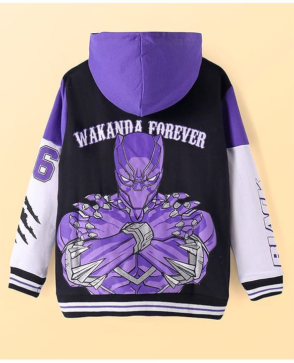 Pine Kids Marvel Terry Knit Full Sleeves Hooded Sweatjacket with Front & Back Black Panther Graphics & Pocket Detailing - Purple & Black