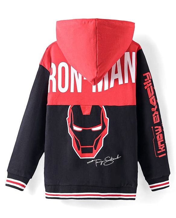 Pine Kids Marvel Terry Knit Full Sleeves Hooded Sweatshirt With Iron Man Graphics - Black & Red