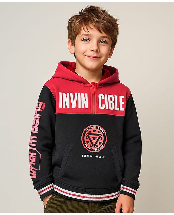 Pine Kids Marvel Terry Knit Full Sleeves Hooded Sweatshirt With Iron Man Graphics - Black & Red