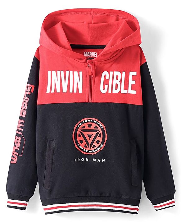 Pine Kids Marvel Terry Knit Full Sleeves Hooded Sweatshirt With Iron Man Graphics - Black & Red
