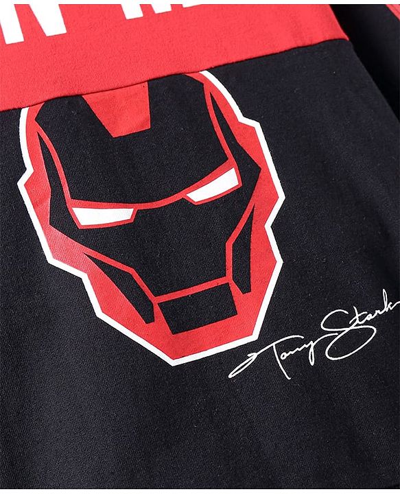 Pine Kids Marvel Terry Knit Full Sleeves Hooded Sweatshirt With Iron Man Graphics - Black & Red