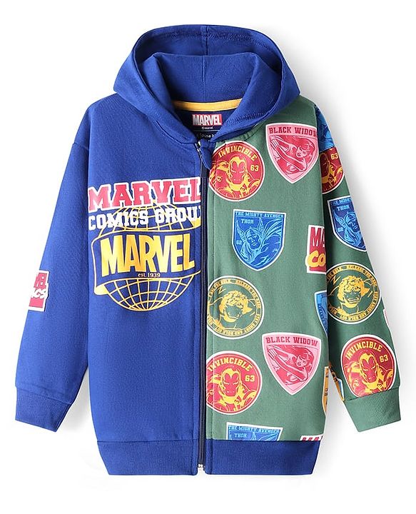 Pine Kids Marvel Terry Knit Full Sleeves Hooded Sweatjacket With Avengers Graphics - Blue