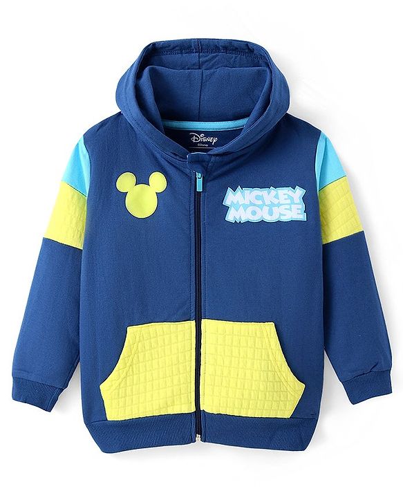 Pine Kids Disney Terry Knit Full Sleeves Hooded Front Open Sweatjacket with Front & Back Mickey Mouse Graphics - Navy Blue