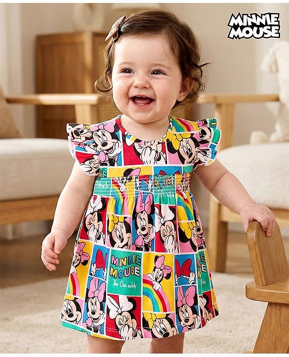 Babyhug Disney Knit Frill Sleeves Frock Style Onesie with Minnie Mouse Print - Multicolour