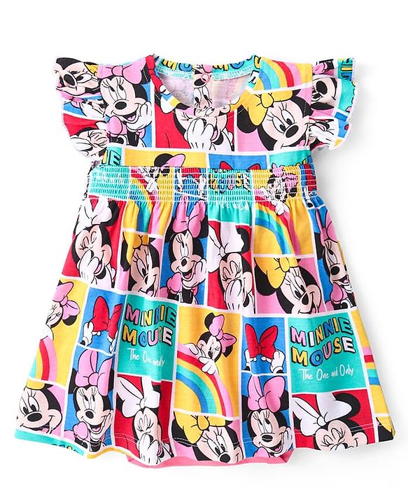 Babyhug Disney Knit Frill Sleeves Frock Style Onesie with Minnie Mouse Print - Multicolour