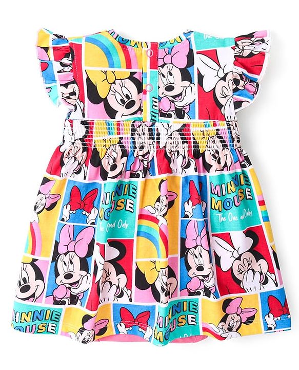Babyhug Disney Knit Frill Sleeves Frock Style Onesie with Minnie Mouse Print - Multicolour