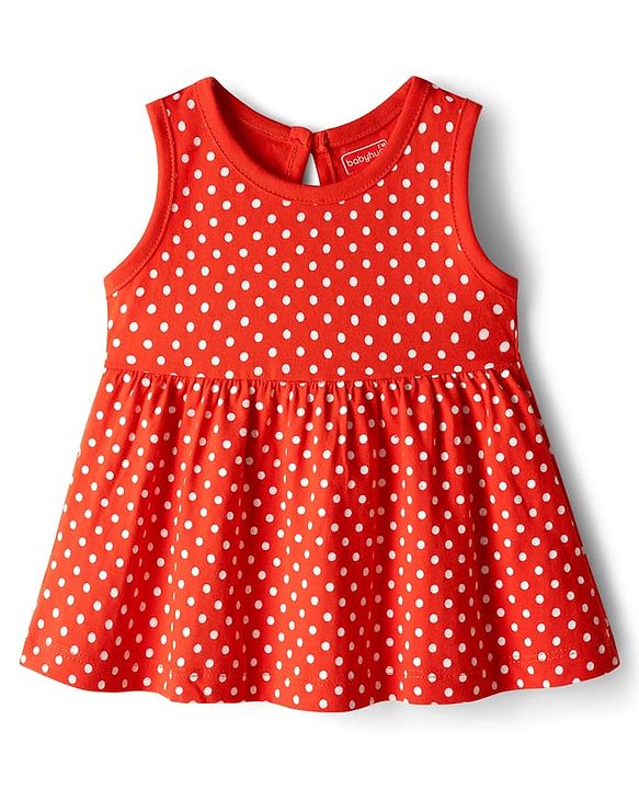 Babyhug Single Jersey Knit Sleeveless Frock With Polka Dot Print - Red