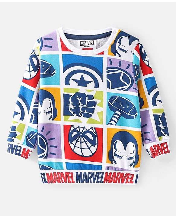 Babyhug Marvel Terry Knit Full Sleeves Sweatshirt with Avengers Graphics - White