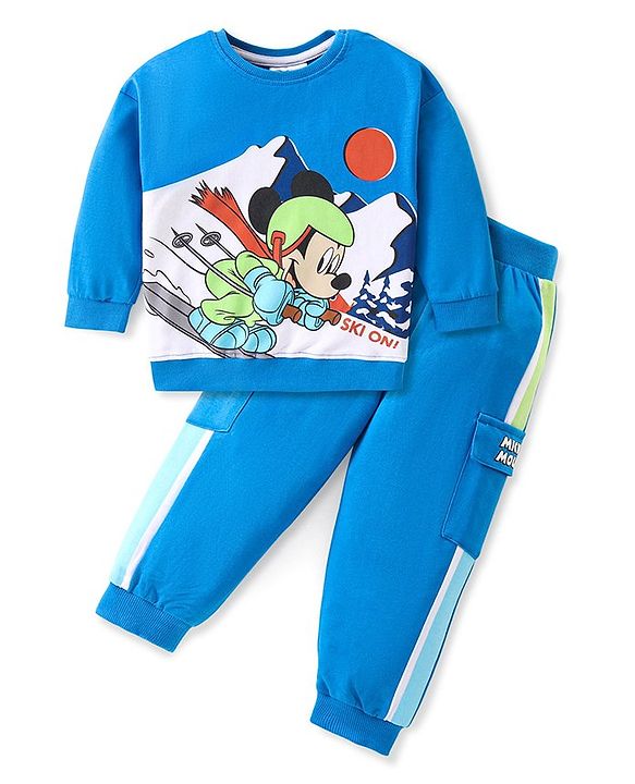 Babyhug Disney Cotton Knit Full Sleeves Sweatshirt & Lounge Pants Set With Mickey Mouse Front & Back Graphics - Blue