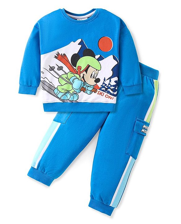 Babyhug Disney Cotton Knit Full Sleeves Sweatshirt & Lounge Pants Set With Mickey Mouse Front & Back Graphics - Blue
