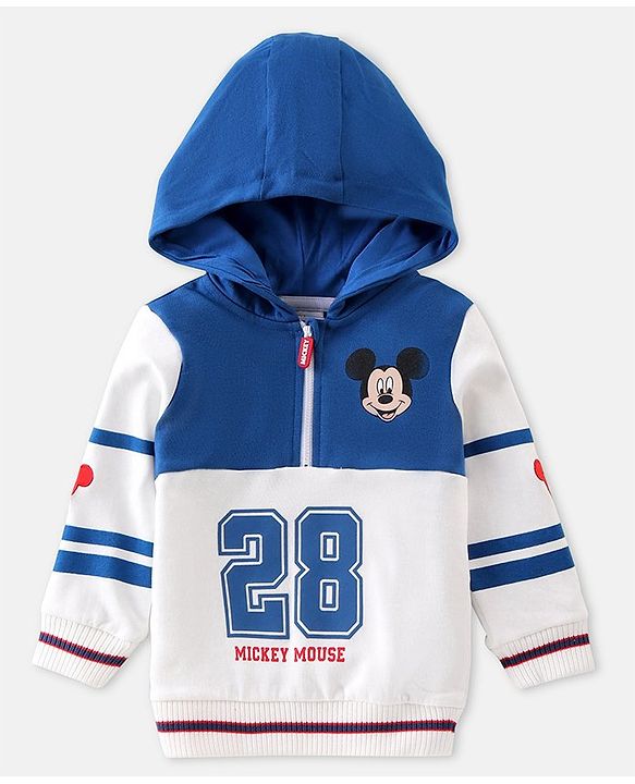 Babyhug Disney Front Open Full Sleeves Hooded Sweat Shirt With Front and Back Mickey Mouse Graphic and Badge Detailing - Blue