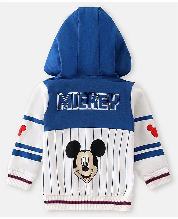 Babyhug Disney Front Open Full Sleeves Hooded Sweat Shirt With Front and Back Mickey Mouse Graphic and Badge Detailing - Blue