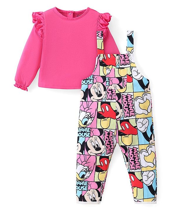 Babyhug Disney  Dungaree With Full Sleeves Top and Minnie Mouse & Friends All Over Print & Pocket Detailing - Pink