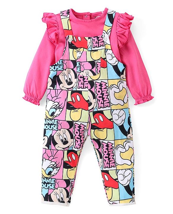 Babyhug Disney  Dungaree With Full Sleeves Top and Minnie Mouse & Friends All Over Print & Pocket Detailing - Pink