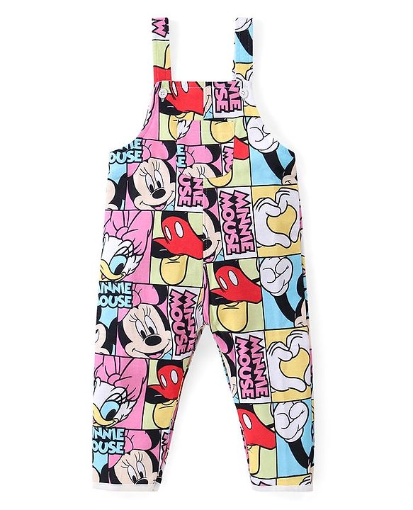 Babyhug Disney  Dungaree With Full Sleeves Top and Minnie Mouse & Friends All Over Print & Pocket Detailing - Pink