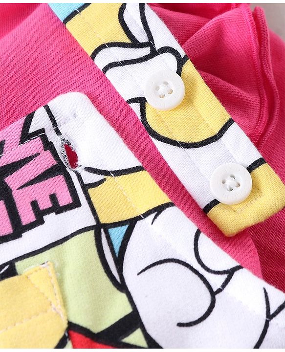 Babyhug Disney  Dungaree With Full Sleeves Top and Minnie Mouse & Friends All Over Print & Pocket Detailing - Pink