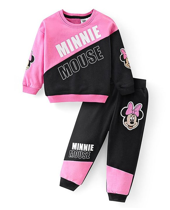 Babyhug Disney Terry Knit Drop Shoulder Full Sleeves Sweatshirt & Lounge Pants Set With Minnie Mouse Graphics & Cut & Sew Detailing - Black & Pink