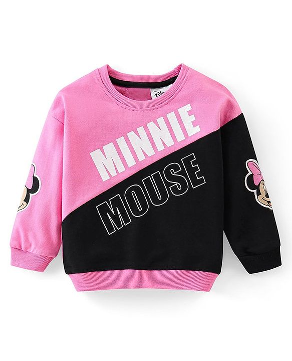 Babyhug Disney Terry Knit Drop Shoulder Full Sleeves Sweatshirt & Lounge Pants Set With Minnie Mouse Graphics & Cut & Sew Detailing - Black & Pink