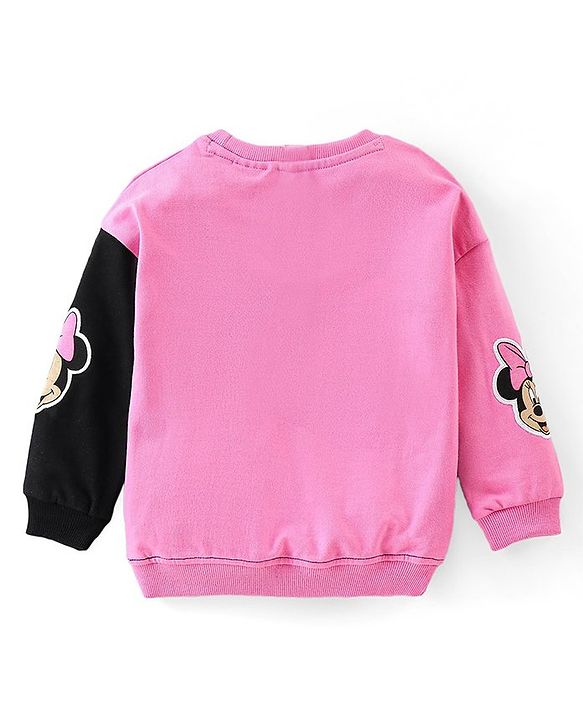 Babyhug Disney Terry Knit Drop Shoulder Full Sleeves Sweatshirt & Lounge Pants Set With Minnie Mouse Graphics & Cut & Sew Detailing - Black & Pink