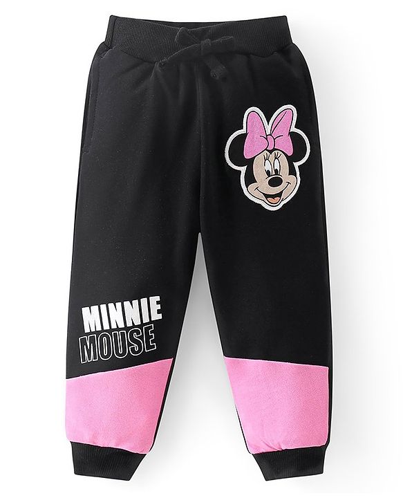 Babyhug Disney Terry Knit Drop Shoulder Full Sleeves Sweatshirt & Lounge Pants Set With Minnie Mouse Graphics & Cut & Sew Detailing - Black & Pink