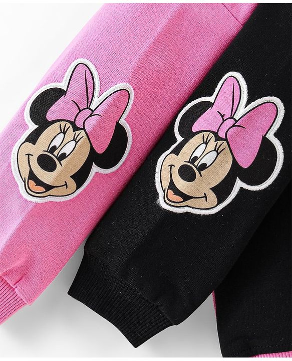 Babyhug Disney Terry Knit Drop Shoulder Full Sleeves Sweatshirt & Lounge Pants Set With Minnie Mouse Graphics & Cut & Sew Detailing - Black & Pink