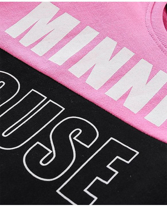 Babyhug Disney Terry Knit Drop Shoulder Full Sleeves Sweatshirt & Lounge Pants Set With Minnie Mouse Graphics & Cut & Sew Detailing - Black & Pink