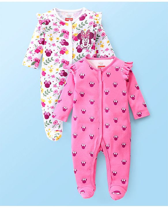 Babyhug Disney Cotton Knit Full Sleeves Sleep Suit with Minnie Mouse Graphics & Frill Detailing Pack of 2 - White & Pink