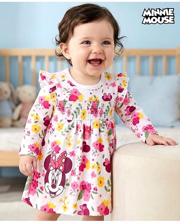 Babyhug Disney Interlock Knit Full Sleeves Frock Onesie With Minnie Mouse Print- Multicolor