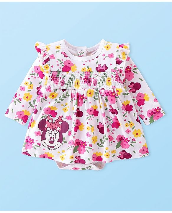 Babyhug Disney Interlock Knit Full Sleeves Frock Onesie With Minnie Mouse Print- Multicolor